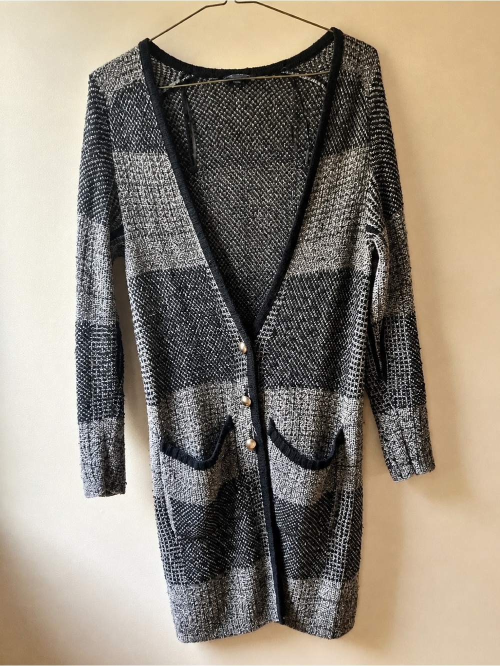 Le Chateau Plaid Grey Patchwork Long Cardigan
